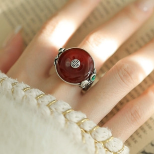 925银复古新中式红玛瑙福字平安扣浪花戒指环开口调节小众高级感