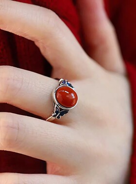 925银复古新中式景泰蓝蝴蝶南红蛋面戒指环开口调节气质轻奢百搭