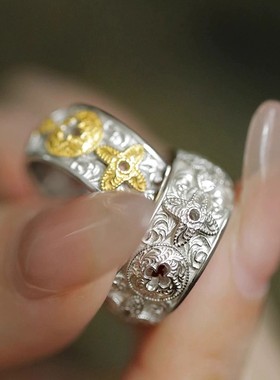 925银拼色四叶草老花唐草纹戒指