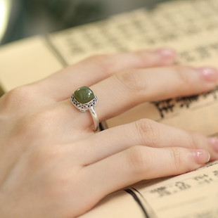 925银复古新中式唐草纹方形戒指环开口调节和田碧玉轻奢简约高级