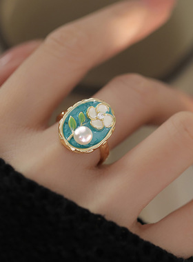925银新中式珐琅彩珍珠花朵戒指