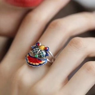 925银复古新中式珐琅滴釉好运锦鲤鱼小金鱼戒指环开口调节女简约