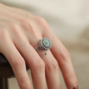 925银复古新中式莲花蓝水翡翠平安扣转动戒指环六字真言开口调节