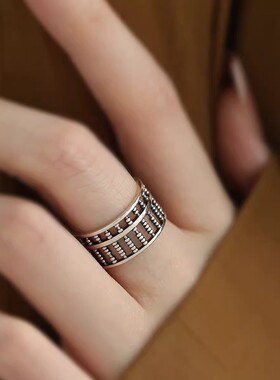 925银复古新中式招财进宝算盘戒指环开口调节百搭民族风女士简约