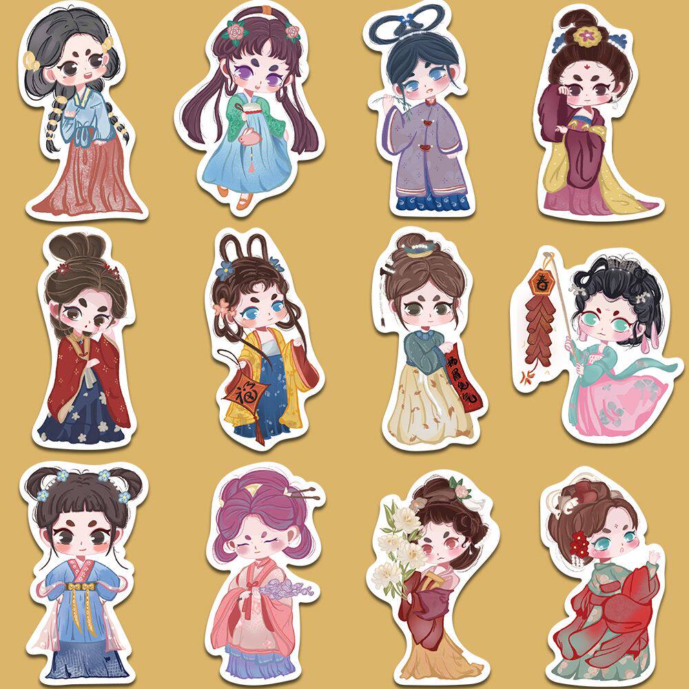 【原创】40张汉服人物古风贴纸国潮中国风不重复个性装饰防水贴纸