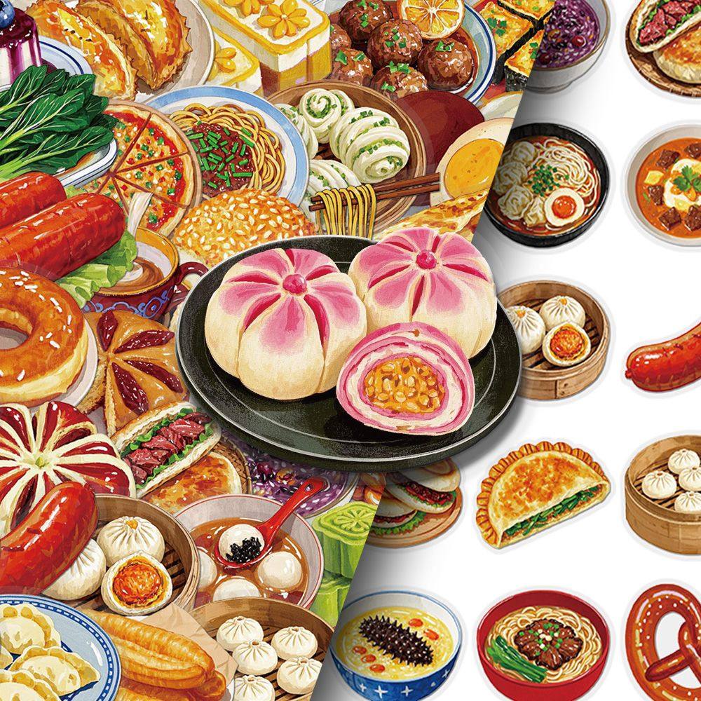 100张中式早点贴纸卡通手账贴画