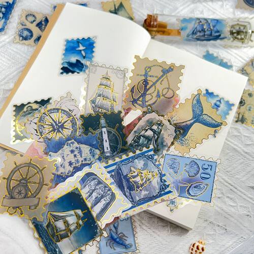 100张烫金蓝色复古邮票贴纸包