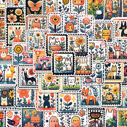 50张复古风小动物植物邮票贴纸手账手机壳笔记本电脑装饰防水贴纸