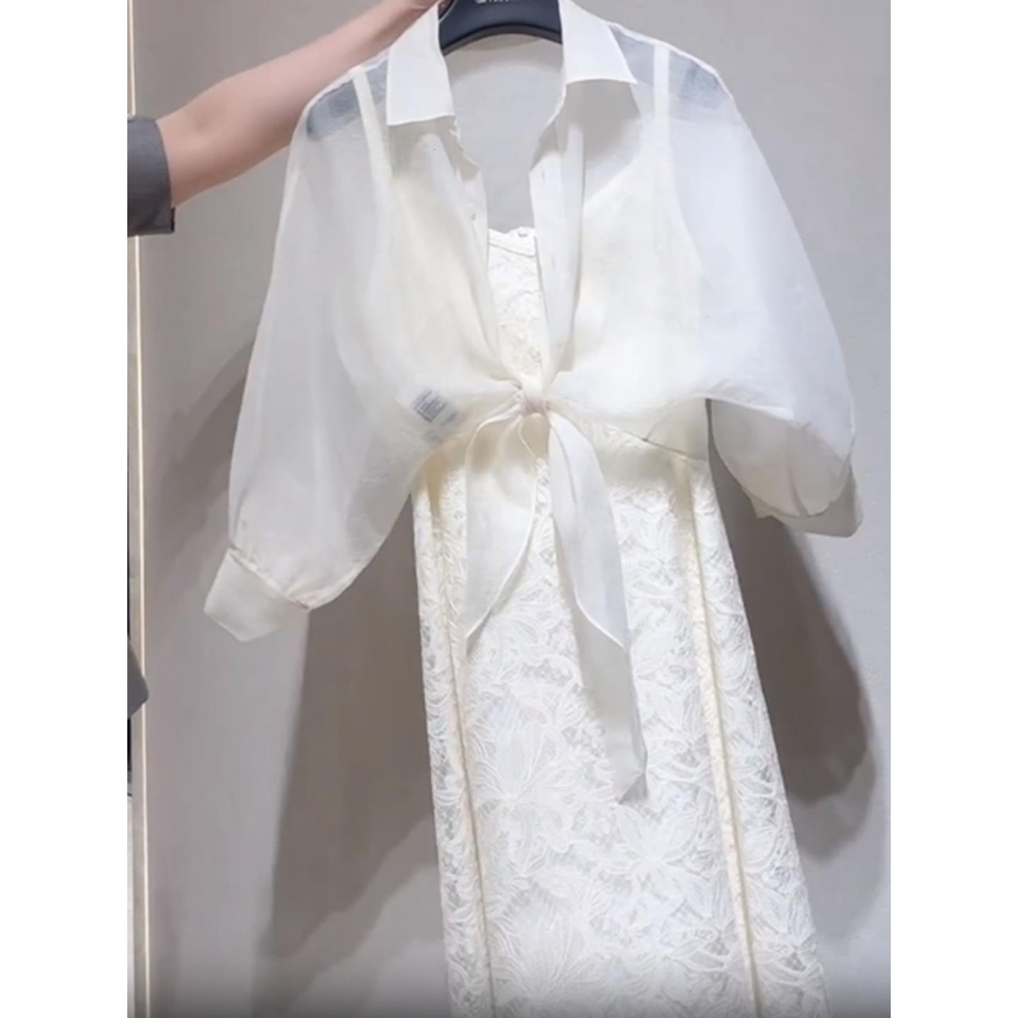 高端洋气连衣裙套装女夏季2025新款减龄白色防晒衫吊带裙子两件套