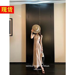 长裙 棉麻炒色v领挂脖连衣裙女夏收腰系带无袖 黑豆哼哼 素时光晕