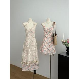 Acaine长款v领碎花收腰挂脖吊带连衣裙女夏季法式小个子a字裙子