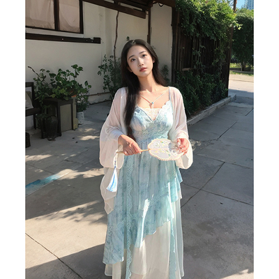 【纸舟渡松烟】夏季新款蕾丝花边扎染吊带裙女国风裙