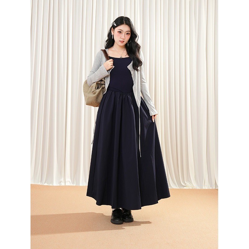 微风岛屿 韩系慵懒风绑带开衫收腰显瘦藏蓝色无袖背心连衣裙套装
