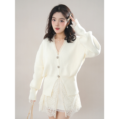 韩系千金感套装女春季2025新款蕾丝衬衫+v领针织开衫+半裙三件套
