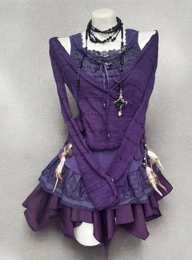 【浪漫紫色系】古着穿搭2025年复古开衫+内搭吊带上衣+短裙三件套