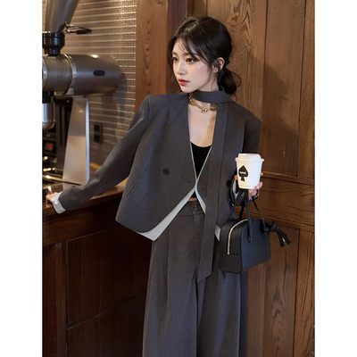 【悠悠日记】新款西装套装拼接衬衫带飘带设计西装外套西裤两件套
