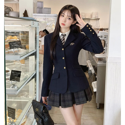学院风收腰西装套装女春秋小个子加厚jk制服外套+a字百褶裙两件套