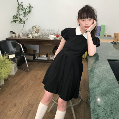 无星之夜 复古花苞袖百褶裙收腰显瘦黑色连衣裙新款可爱短裙夏