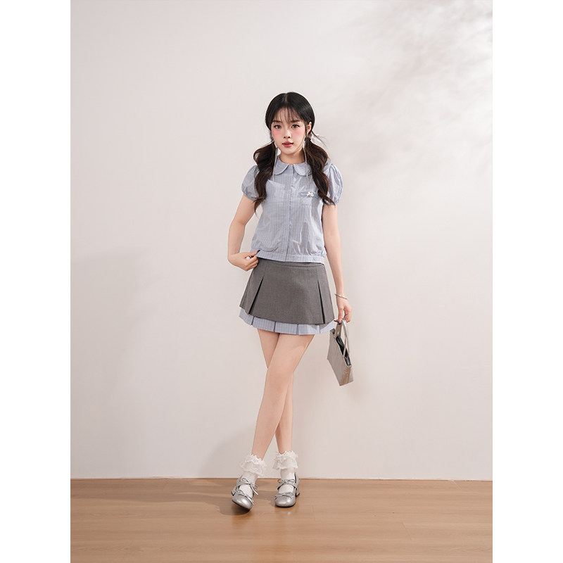 猫系少女 MIU系娃娃领清新学院风套装娃娃领上衣+拼接半裙两件套
