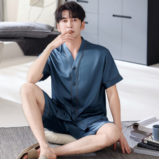 全棉纯棉睡衣男款夏季2026新款翻领短袖长裤休闲V领休闲舒适男