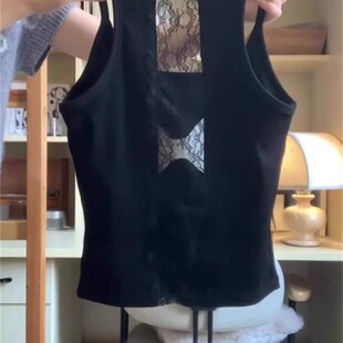 小心机拿捏！黑色蕾丝拼接内搭吊带背心夏外穿带胸垫露背短款上衣