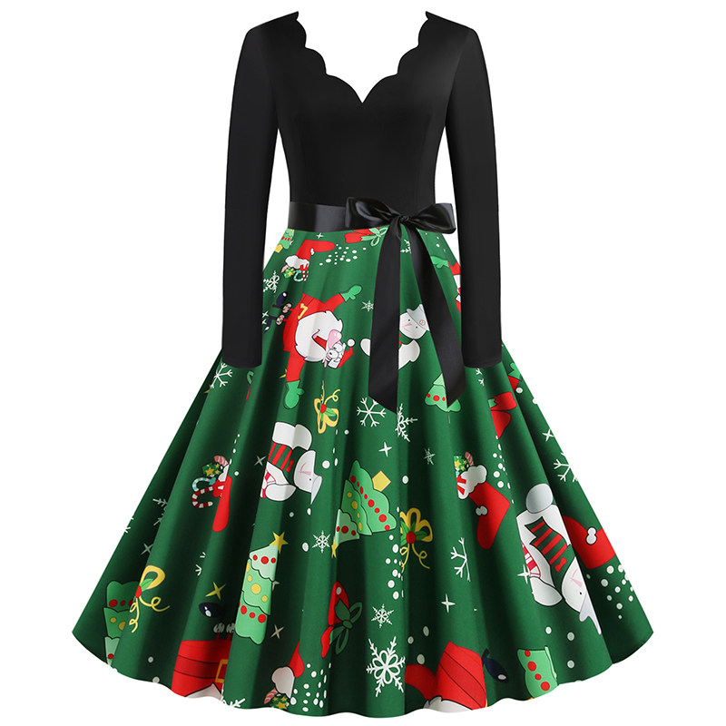 欧美风V领烧花拼接雪人圣诞树印花长袖大摆连衣裙Christmas Dress