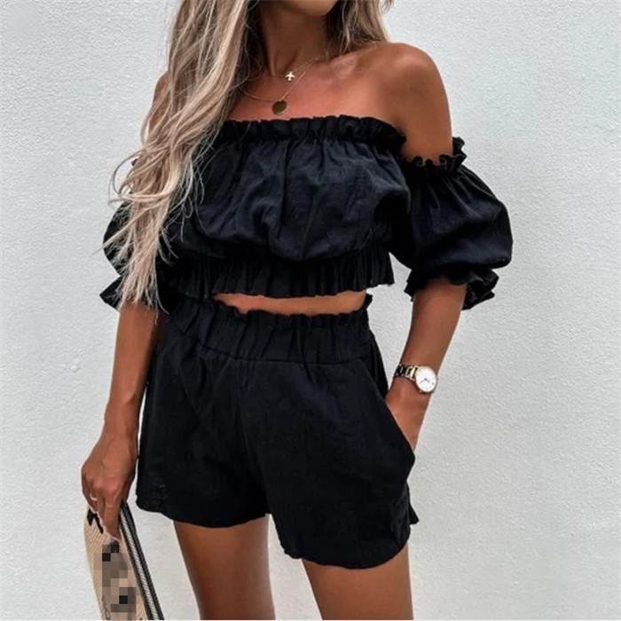 欧美抹裹胸上衣短裤套装女 Crop Tube Top Shorts Set Suit Women