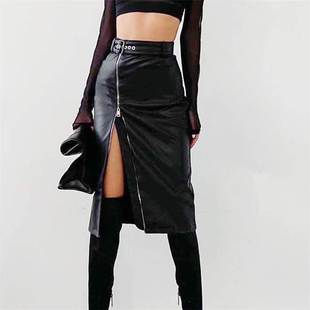 leather 歐美時(shí)尚 skirt midi slit 性感高腰開叉PU皮半身裙 sexy