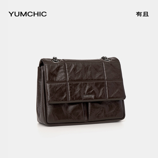 YUMCHIC有且方格褶皱真皮复古高级感休闲通勤链条斜挎单肩包女士