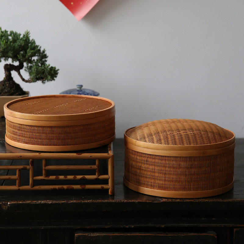 新品。箩筐收纳盒竹编竹编筐工a艺品盖盒包装带盒小小竹编竹子i.