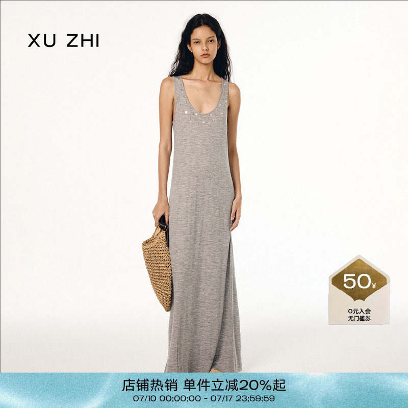 XUZHI2025春夏系列新品镜面金属装饰钉珠小众设计度假感连衣裙