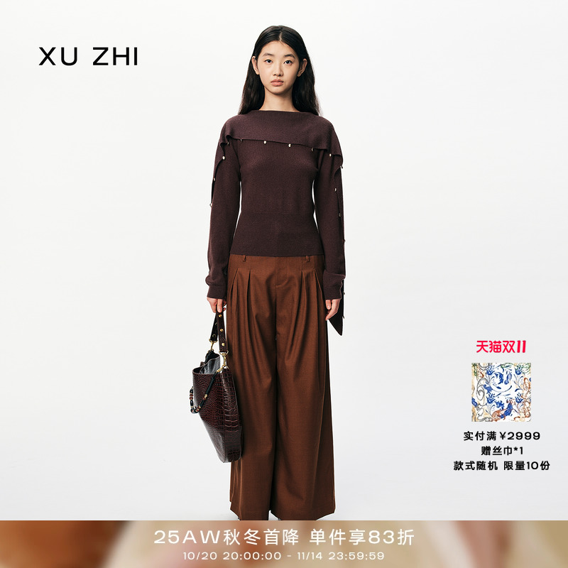 XU ZHI2025秋冬新品羊毛金属装饰飘带领设计高级感针织上衣