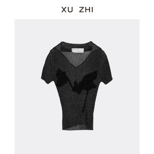 XUZHI 闪光羽毛纱嵌花翻领针织短袖