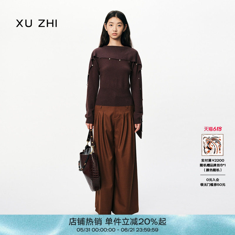 XU ZHI2025秋冬新品羊毛金属装饰飘带领设计高级感针织上衣