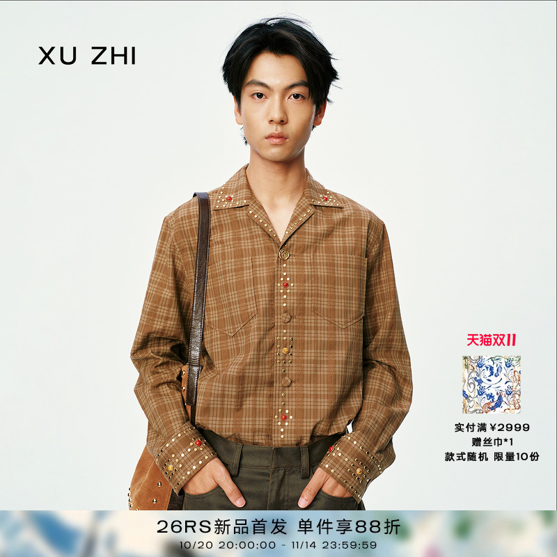 XU ZHI2025秋冬新品金属宝石装饰复古格纹长袖衬衫男女同款外套