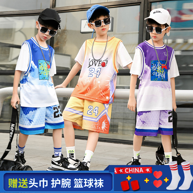 儿童篮球服套装男童假两件短袖运动队服女中童夏季比赛训练服球衣