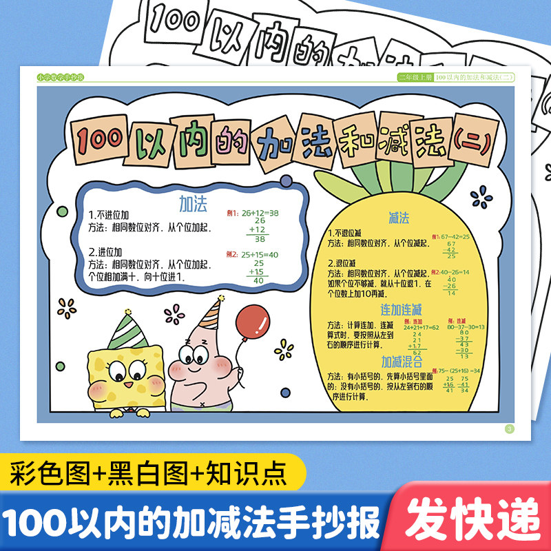 二年级数学手抄报100以内加减法小学生数学考点知识点思维导图单元