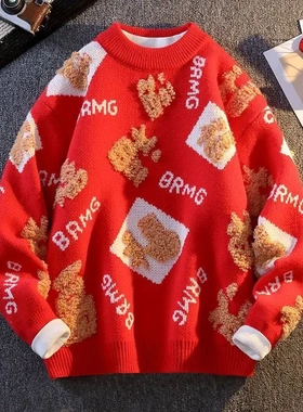 一日三衫MUJIE福字母毛衣男秋冬季圆领针织衫男本命年大红色过年