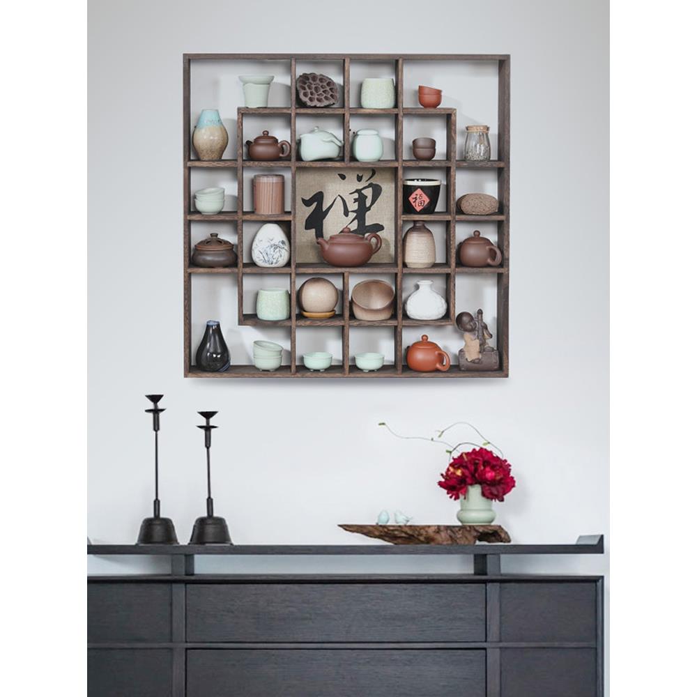 禅意实木茶杯架 博古架 多宝阁 收纳茶壶架 墙上置物架壁挂式挂墙