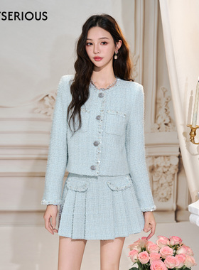 Three Quarters 25秋季新款粗花呢轻奢小香短外套百褶半裙套装女