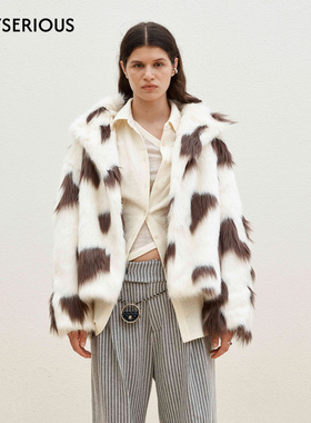 Medium Well 2025秋季新款奶牛纹环保皮草女设计感撞色翻领外套