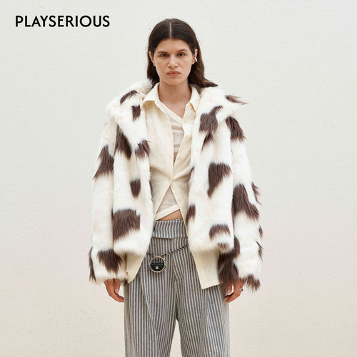 Medium Well 2025秋季新款奶牛纹环保皮草女设计感撞色翻领外套
