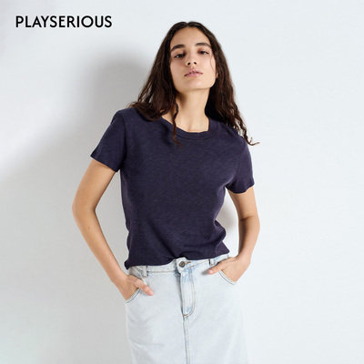 American Vintage 2026春夏新款深蓝色圆领T恤女美式复古简约上衣