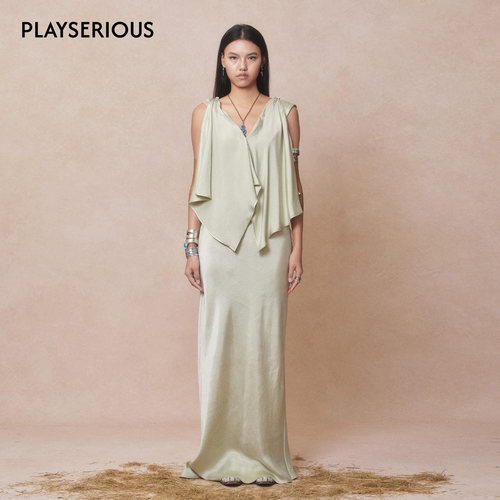 DEPLUMER 2026春夏新款领飘片v领连衣裙女青萍绿无袖气质收腰长裙