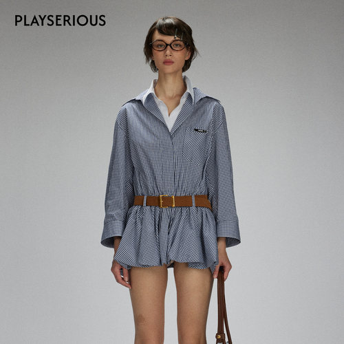 【田曦薇同款】LACERTA 2025秋新款细格纹双领长袖低腰衬衫连衣裙