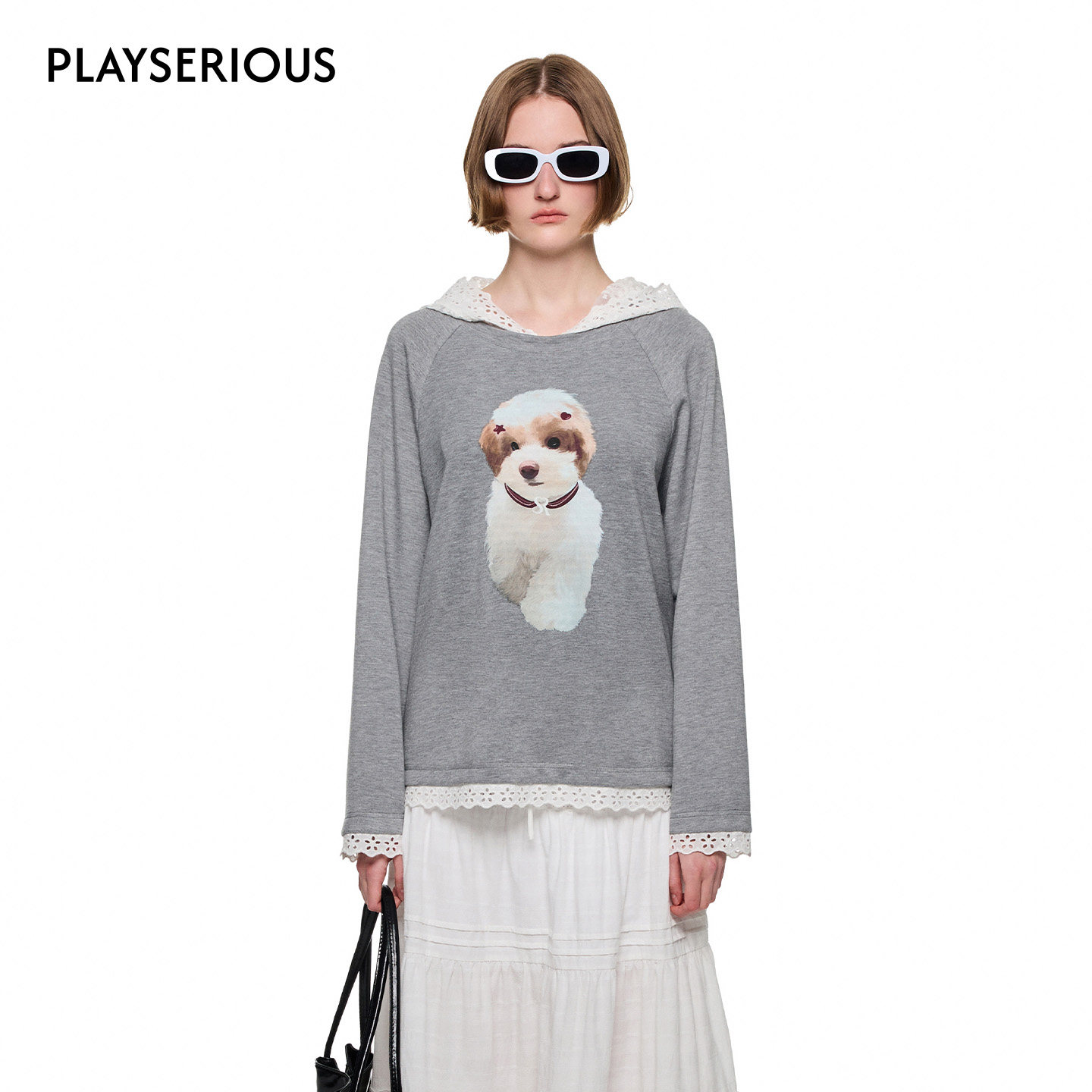 SHRO ENRO 2025秋季新款可拆卸蕾丝帽子小狗印花卫衣休闲长袖上衣