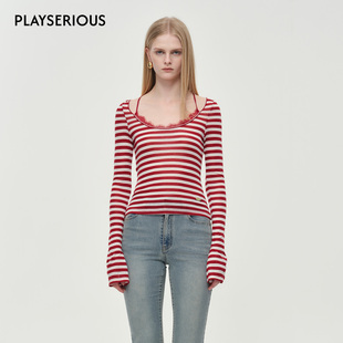复古设计感上衣 条纹圆领撞色蕾丝上衣女美式 ODTD 2025秋冬新款