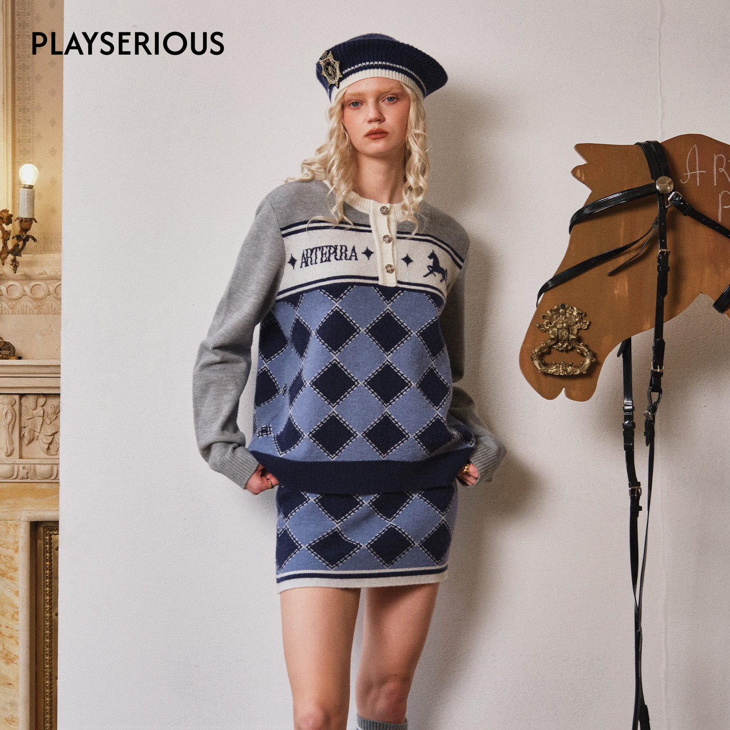 ARTE PURA 2025秋冬新款菱形格logo马术图案毛织套头上衣女针织衫