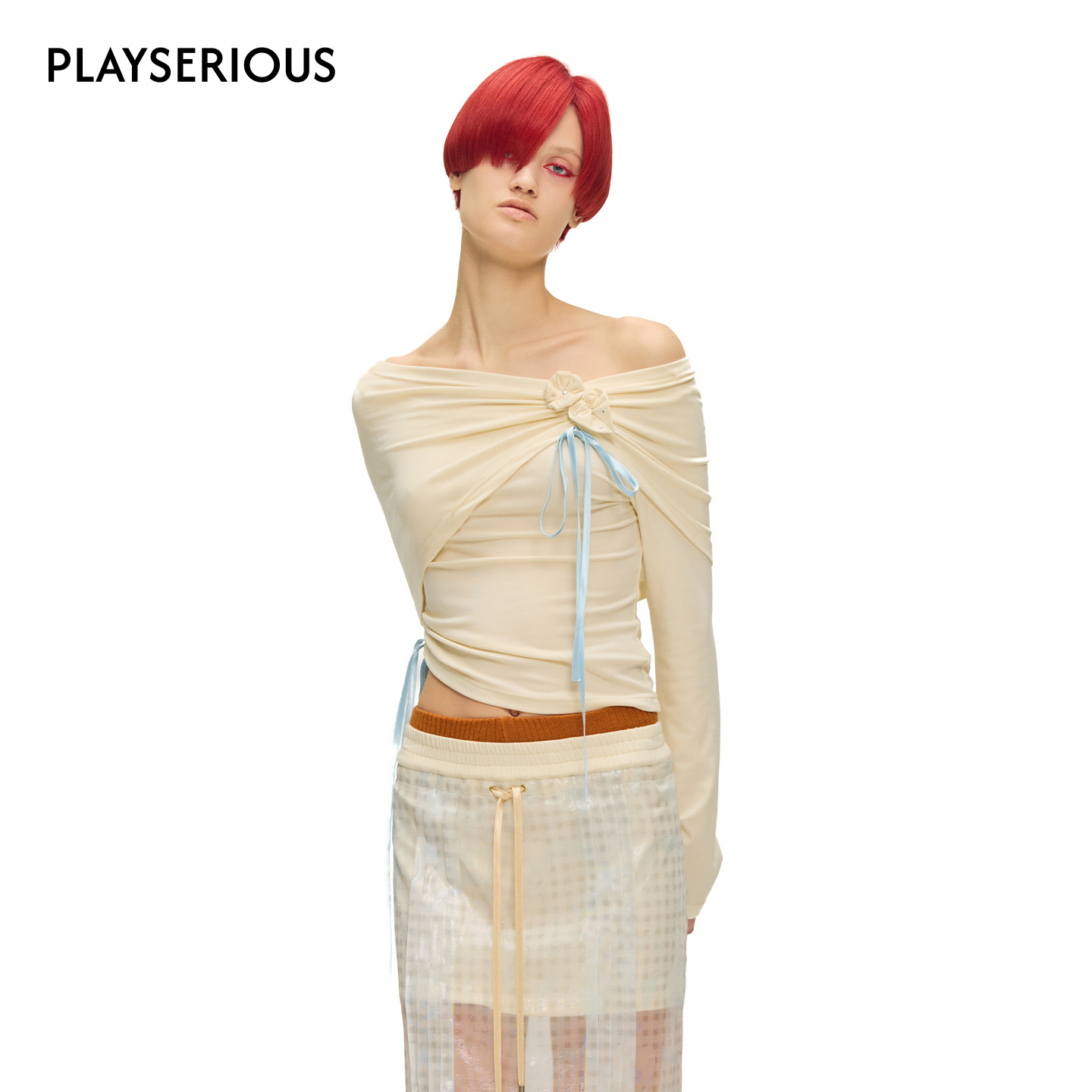 SULTRY VIRGIN 2025秋季新款领口花朵装饰上衣女修身显瘦露肩上衣