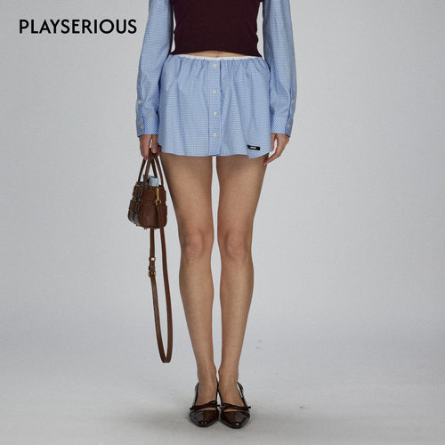 LACERTA 2025秋季新款格纹衬衫下摆解构蓬蓬短裙女休闲撞色半身裙